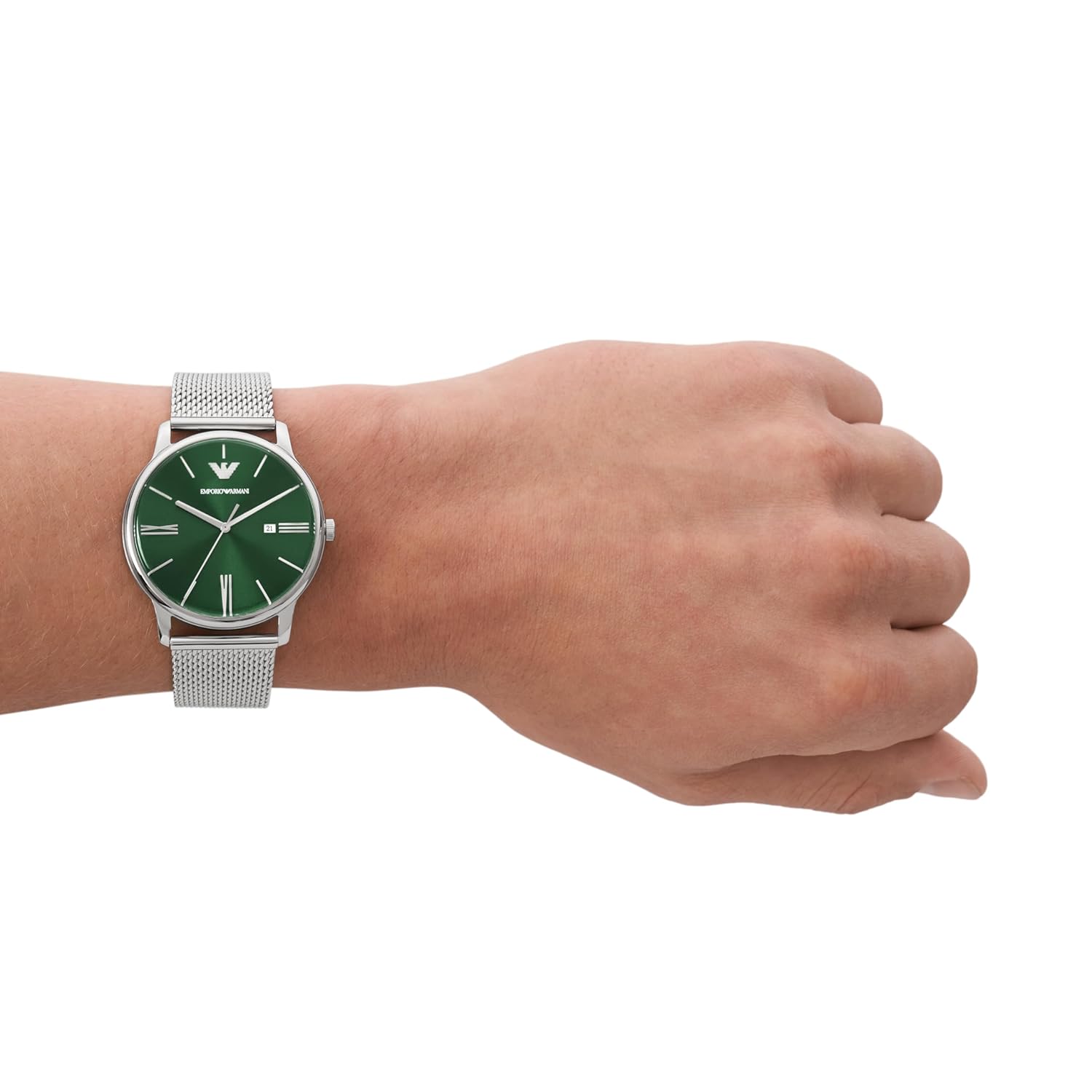 Emporio Armani Stainless Steel Analog Green Dial Men Watch, Silver Band