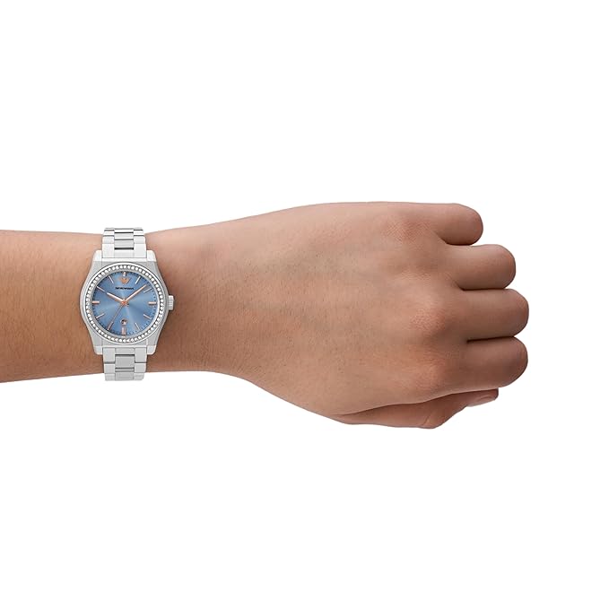 Emporio Armani Stainless Steel Analog Blue Dial Women's Watch, Band Color:Silver