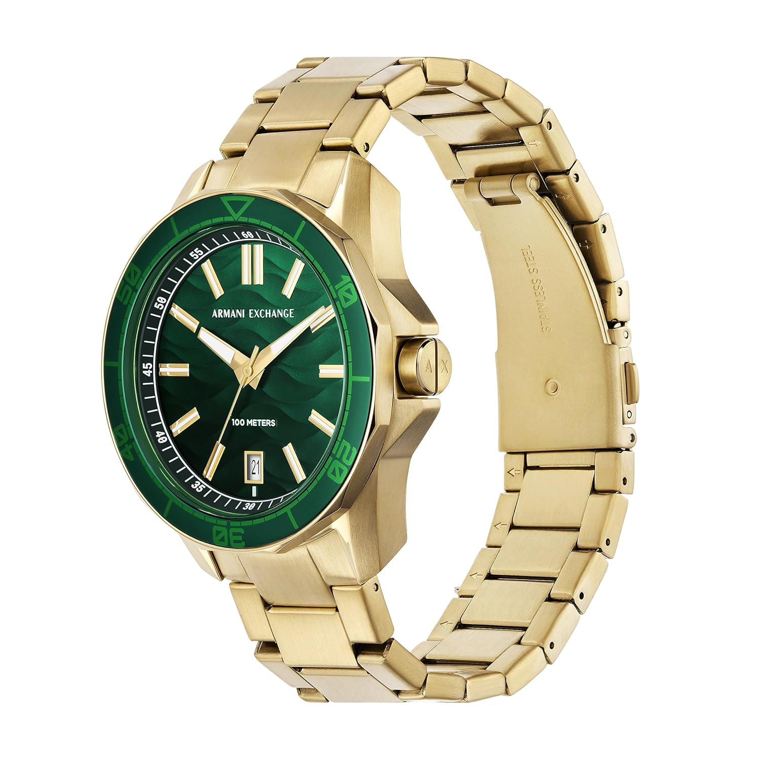 Armani Exchange Analog Green Dial Men's Watch Stainless Steel, Gold Strap