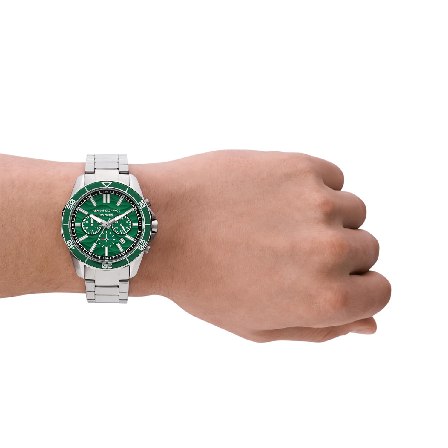 Armani Exchange Stainless Steel Analog Green Dial Men Watch, Silver Band