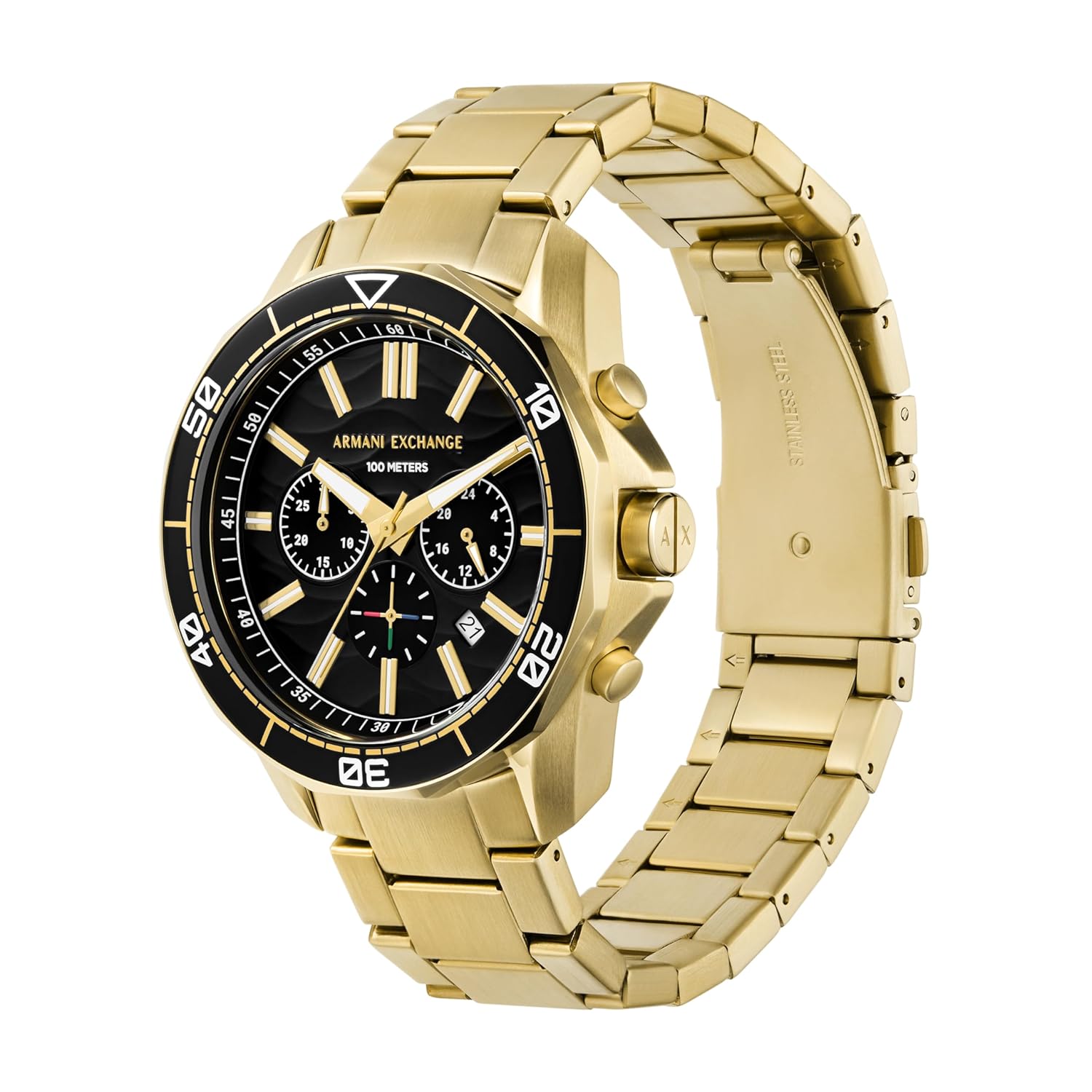 Armani Exchange Stainless Steel Analog Black Dial Men Watch, Gold Band
