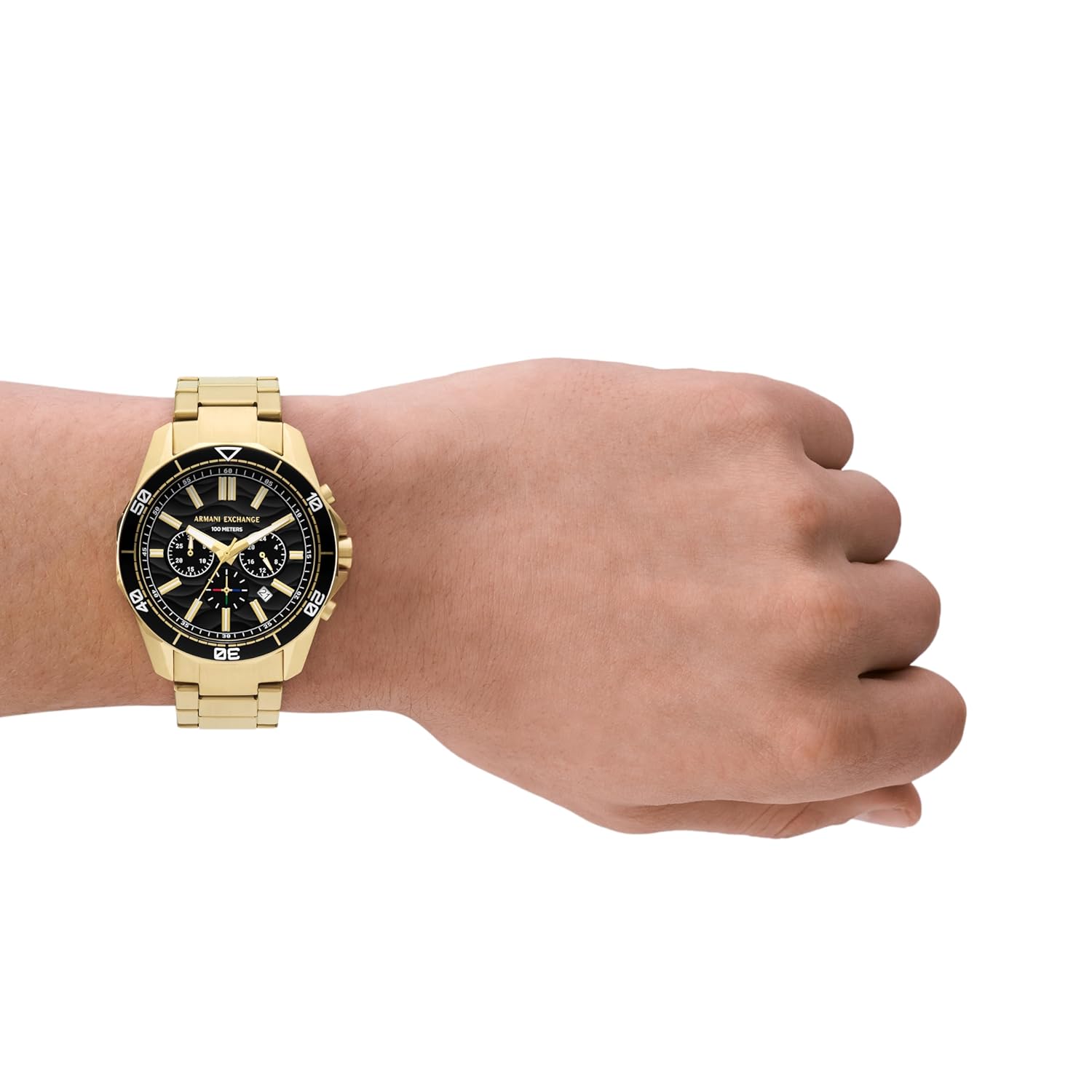 Armani Exchange Stainless Steel Analog Black Dial Men Watch, Gold Band