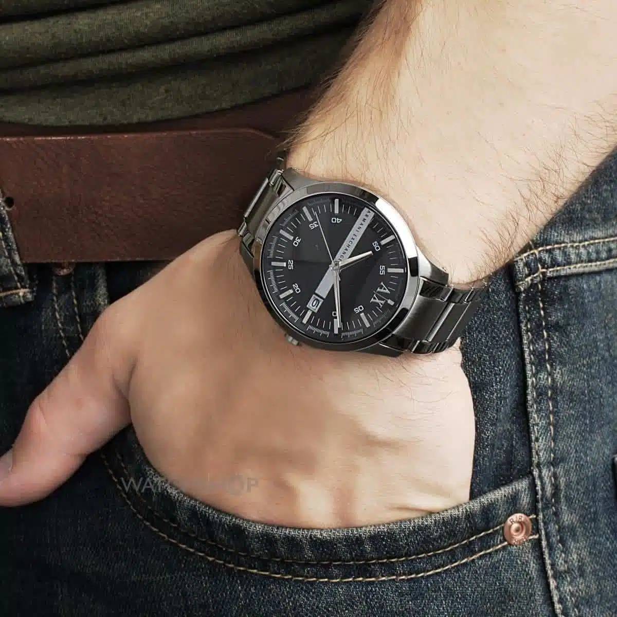 Armani Exchange Hampton Grey Textured Dial Gunmetal Ion-plated Mens Watch