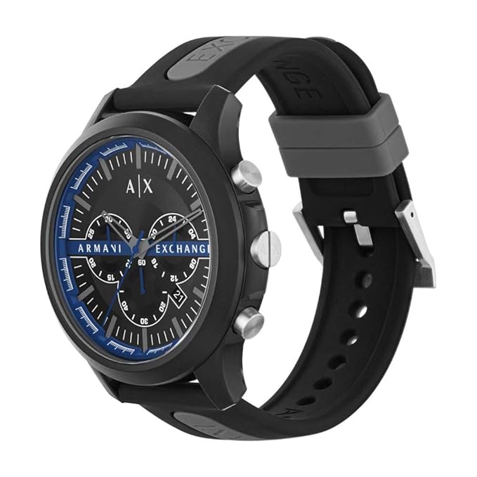 Armani Exchange Watch for Men, Quartz Movement, 46 mm Black, Gray Nylon Case with a Silicone Strap,Graphite and Blue, Strap