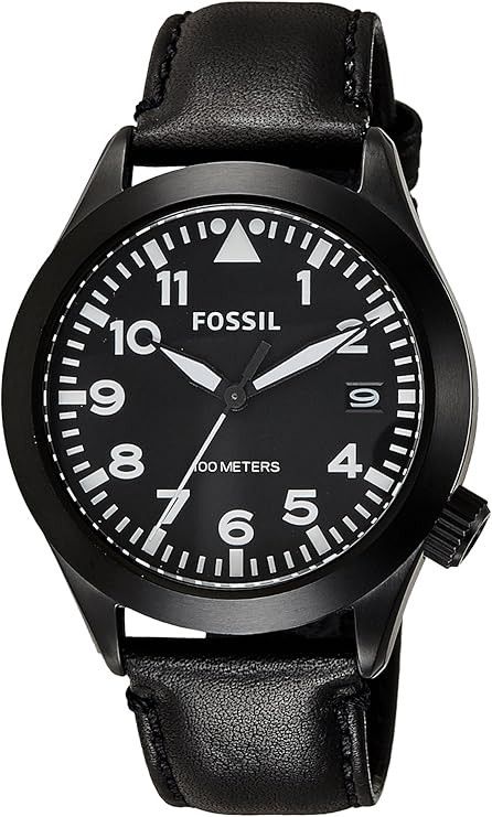 Fossil AM4515 Men's Black The Aeroflite Three-Hand Leather Watch