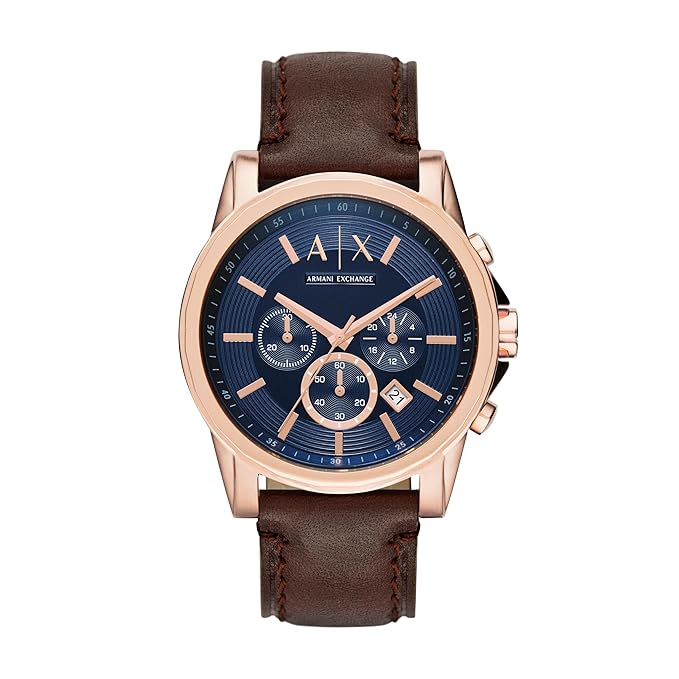 Armani Exchange Leather Outerbanks Analog Blue Dial Men Watch, Brown Band