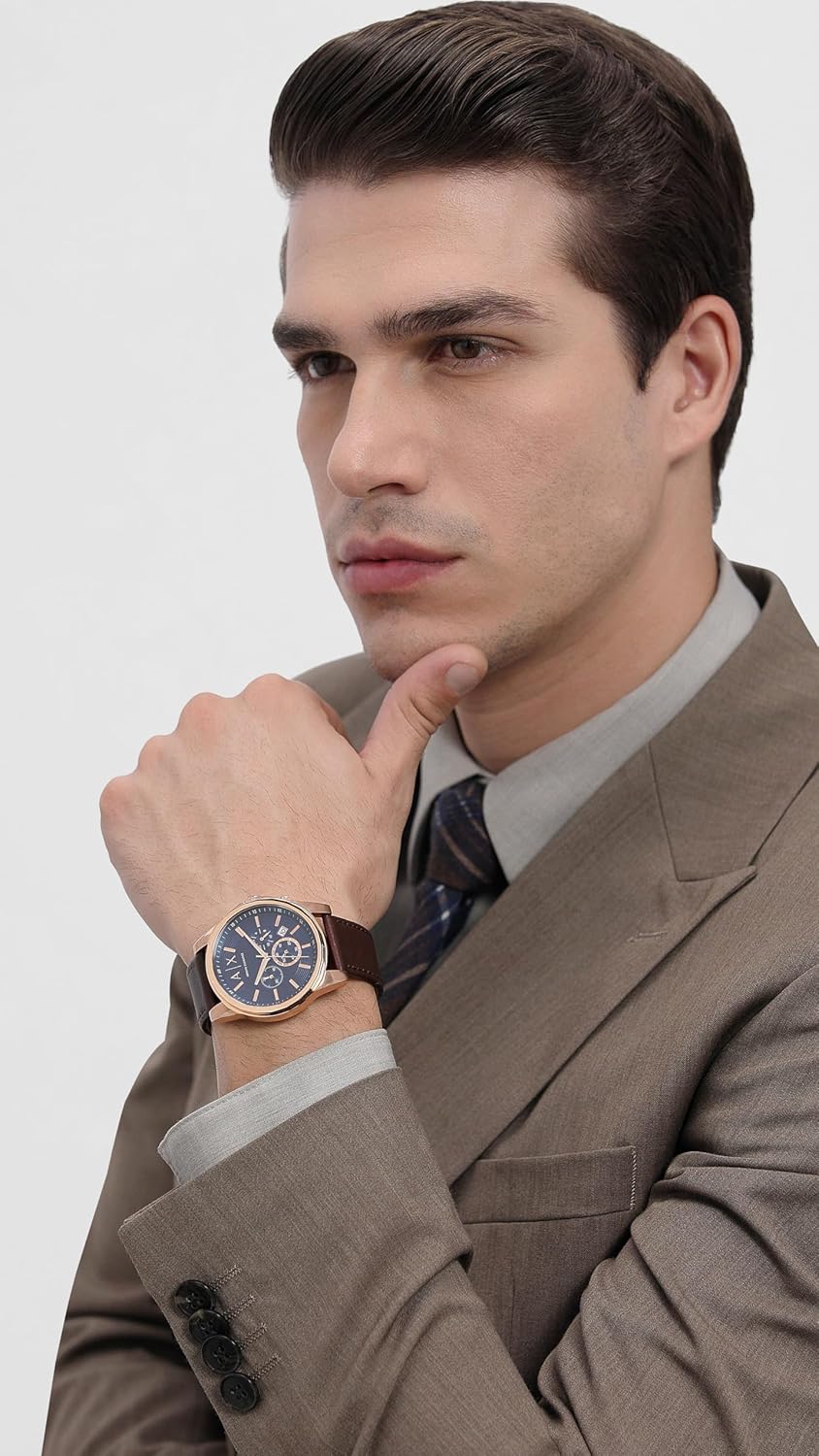 Armani Exchange Leather Outerbanks Analog Blue Dial Men Watch, Brown Band