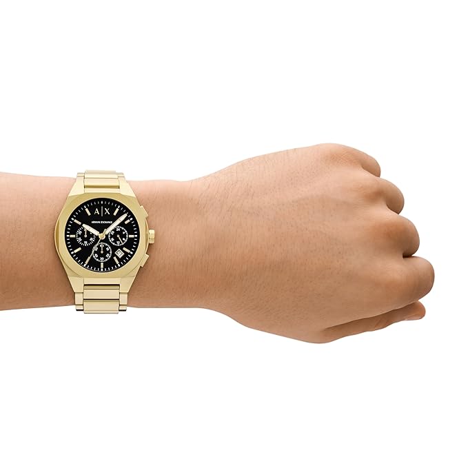 Armani Exchange Stainless Steel Analog Black Dial Men's Watch,Band Color:Gold