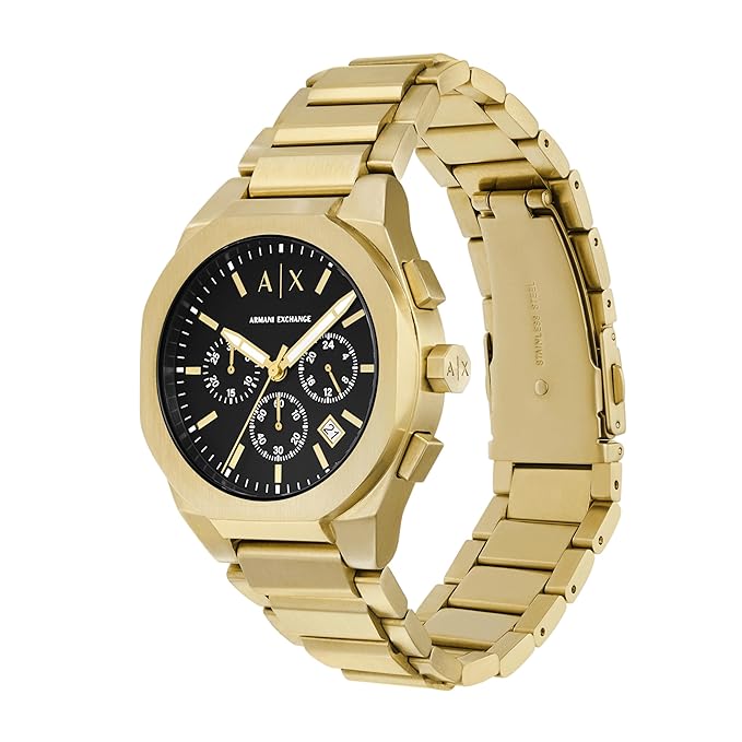Armani Exchange Stainless Steel Analog Black Dial Men's Watch,Band Color:Gold