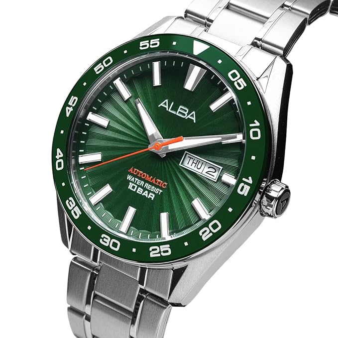 Alba Stainless Steel Mens A3B007X1 Green Patterned Dial Mechanical Analogue Watch, Band_Silver