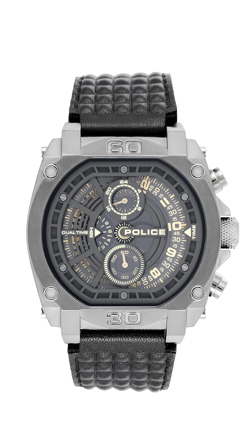 Police Quartz Analog with Grey Dial Black Leather Strap Watch for Men