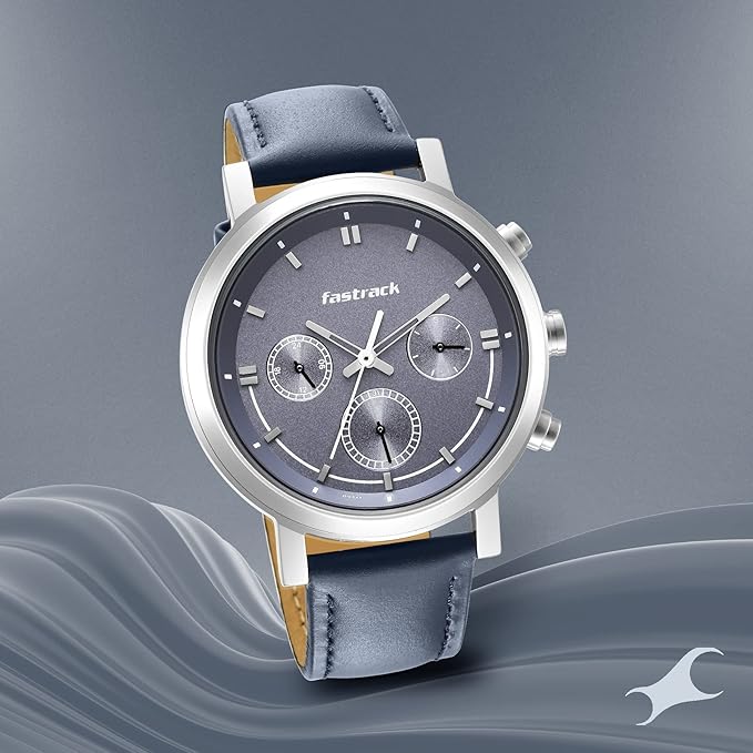 Fastrack Tick Tock Quartz Multifunction Orange Dial Leather Strap Watch for Guys