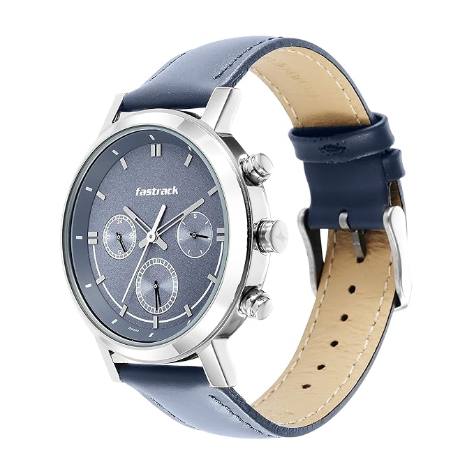 Fastrack Tick Tock Quartz Multifunction Orange Dial Leather Strap Watch for Guys