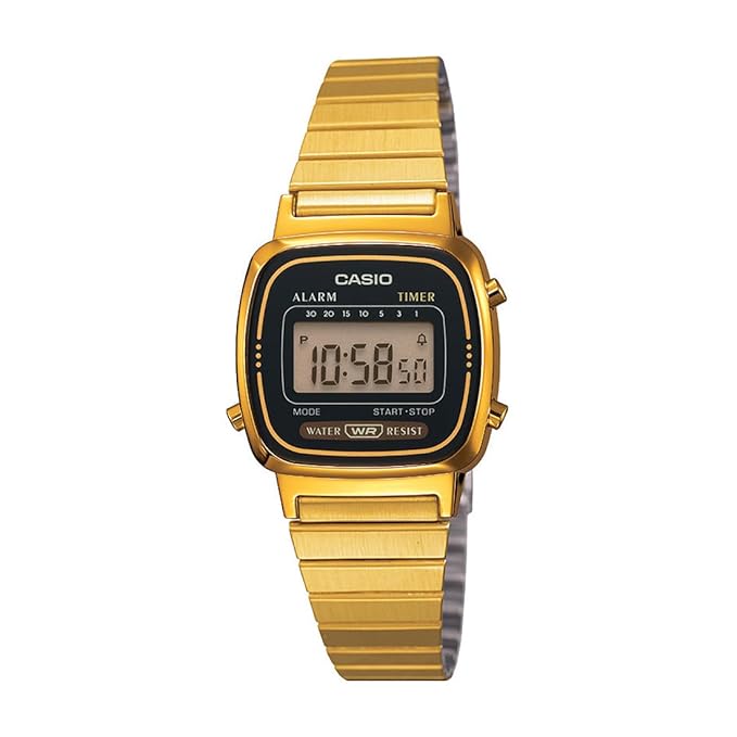 Casio Women Vintage LA670WGA-1DF Black Digital Dial Gold Stainless Steel Band