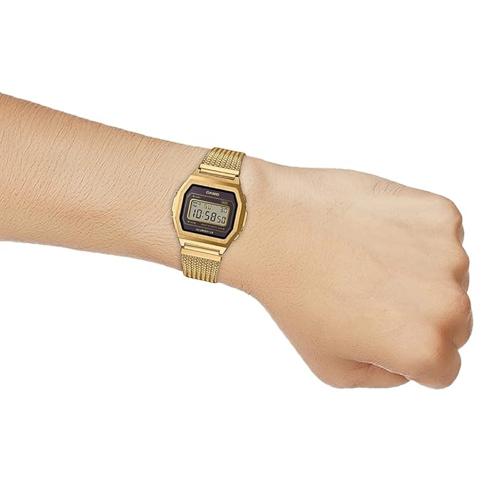 Casio Unisex Vintage A1000MGA-5DF Black Digital Dial Gold Stainless Steel Mesh Band