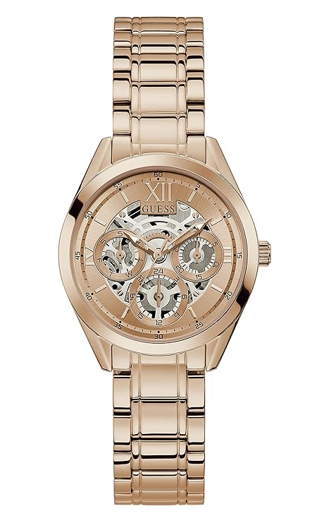 GUESS Stainless Steel Clear Cut Collection Multi-Function Womens Analog Rose Gold Dial Coloured Quartz Watch, Round Dial With 34.0 Mm Case Width