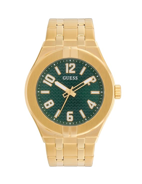 Guess Stainless Steel Men Green Analog Round Dial Watch- Gw0661G2, Gold Band