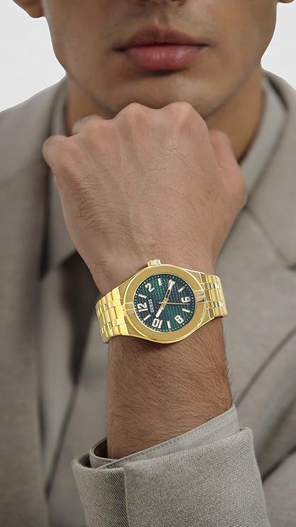 Guess Stainless Steel Men Green Analog Round Dial Watch- Gw0661G2, Gold Band