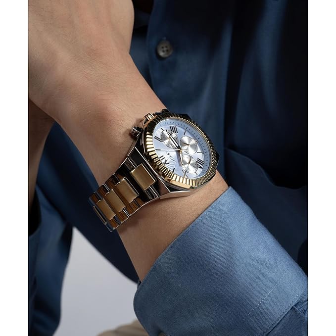 GUESS Analog Blue Dial Men's Stainless Steel Two Tone Band Watch
