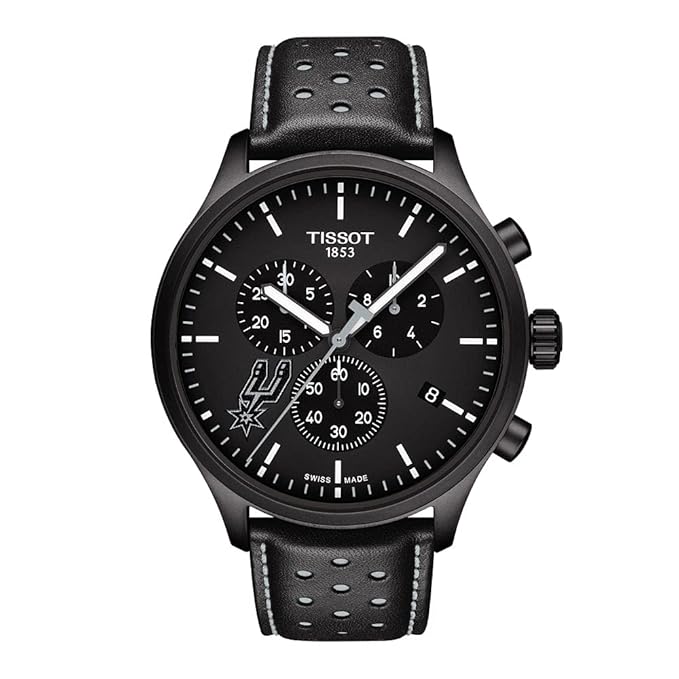 Tissot Mens Chrono XL NBA San Antonio Spurs 316L Stainless Steel case with Black PVD Coating Swiss Quartz Watch, Black,Silvered, Leather, 22, Black, Quartz Watch