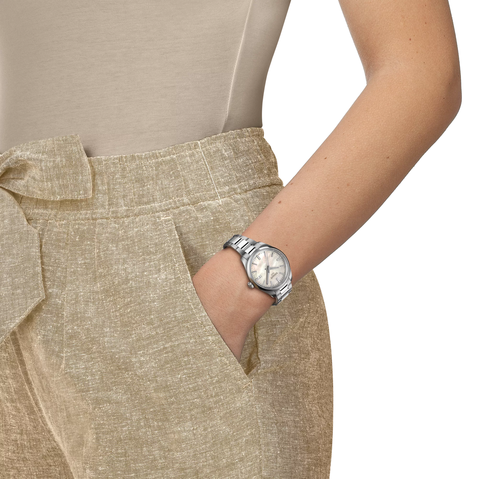 PR 100 Women Quartz White Mother Of Pearl Dial Analog Stainless Steel Watch