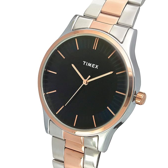 TIMEX Analog Watch for Man with Black Round Dial & Two Tone Stainless Steel Bracelet Band Water Resistant Men's Wrist Watches