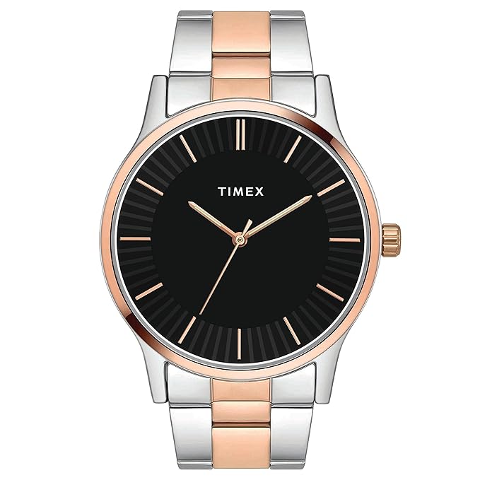 TIMEX Analog Watch for Man with Black Round Dial & Two Tone Stainless Steel Bracelet Band Water Resistant Men's Wrist Watches
