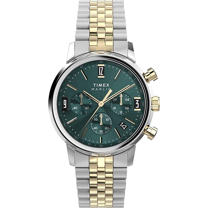 TIMEX Marlin Analog Green Round Dial & Two-Tone Stainless Steel Bracelet Band Water Resistant Men's Wrist Watch