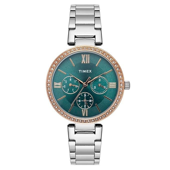 TIMEX Analog Watch for Women with Teal Round Dial & Silver Stainless Steel Bracelet Band Water Resistant Women's Wrist Watches