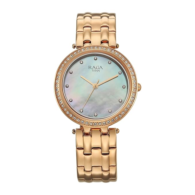 Titan Raga DEC Blaze Quartz Analog Mother of Pearl Dial Rose Gold Metal Strap Watch For Women