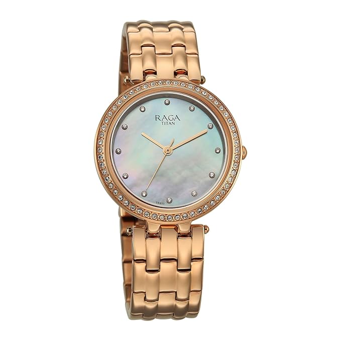 Titan Raga DEC Blaze Quartz Analog Mother of Pearl Dial Rose Gold Metal Strap Watch For Women