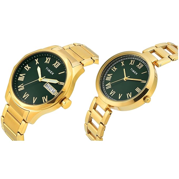 TIMEX Analog Watch for Couple with Green Round Dial & Gold Stainless Steel Bracelet Band Water Resistant Pair's Wrist Watches