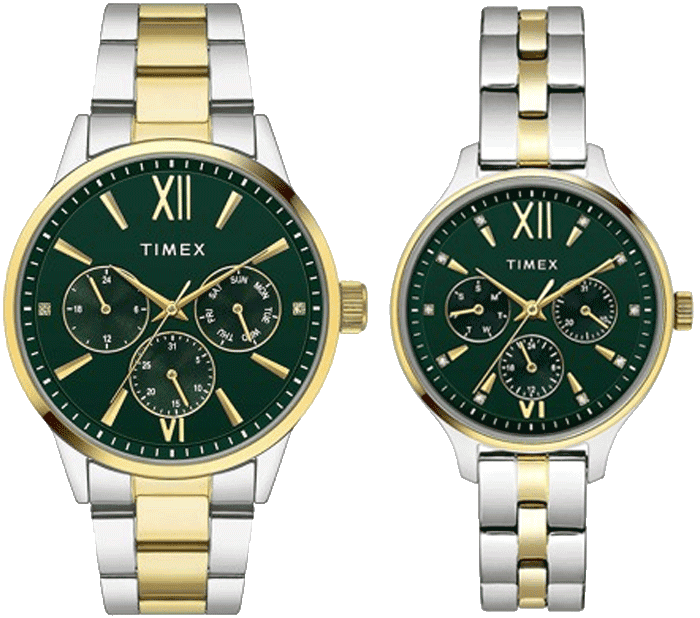 Fashion Couple Quartz Teal Dial Multi-Function Stainless Steel Watch