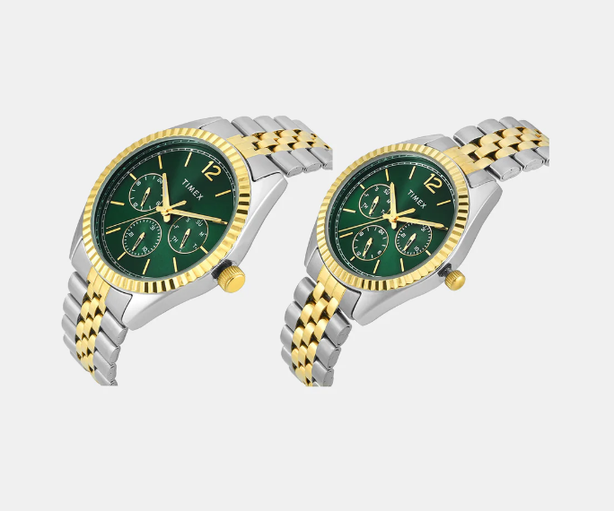 Timex  Trendline Couple Quartz Green Dial Multi-Function Stainless Steel WatcH