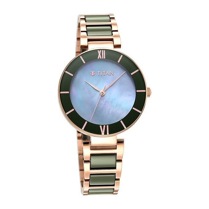 Titan Purple Ceramics Green Dial Steel & Ceramic Strap Watch for Women