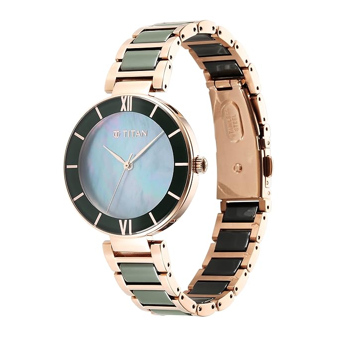 Titan Purple Ceramics Green Dial Steel & Ceramic Strap Watch for Women