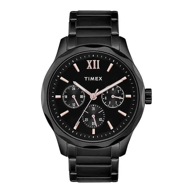 TIMEX Analog Watch for Man with Black Round Dial & Black Stainless Steel Bracelet Band Water Resistant Men's Wrist Watch