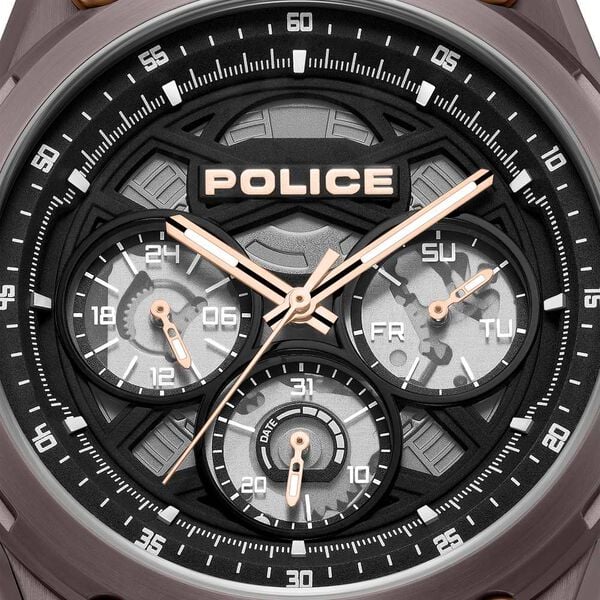 Police Quartz Multifunction Black Dial Brown Silicone Strap Watch For Men