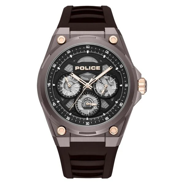 Police Quartz Multifunction Black Dial Brown Silicone Strap Watch For Men