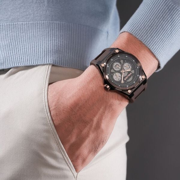 Police Quartz Multifunction Black Dial Brown Silicone Strap Watch For Men