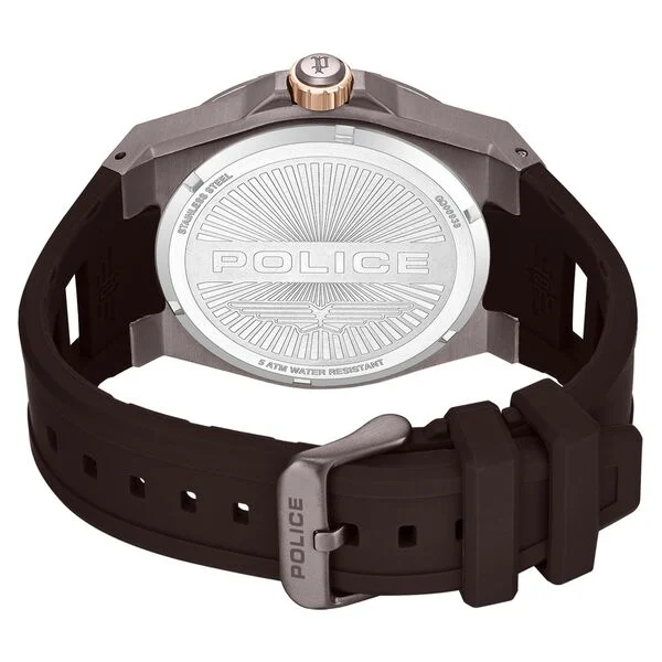Police Quartz Multifunction Black Dial Brown Silicone Strap Watch For Men
