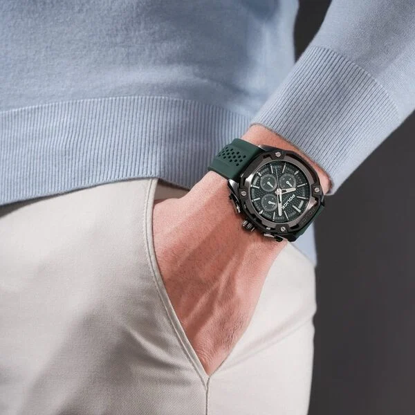 Police Quartz Multifunction Green Dial Green Silicone Strap Watch For Men