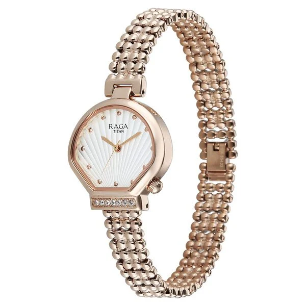 Titan Raga Spotlight Quartz Analog White Dial Rose Gold Metal Strap Watch For Women
