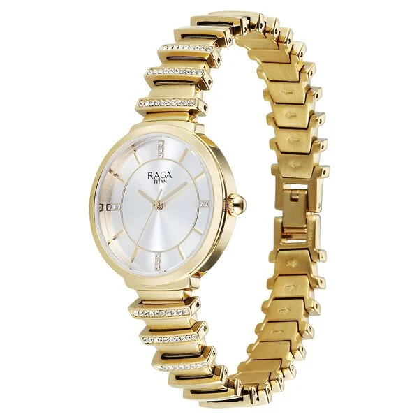 Titan Raga Spotlight Quartz Analog Silver Dial Golden Metal Strap Watch For Women