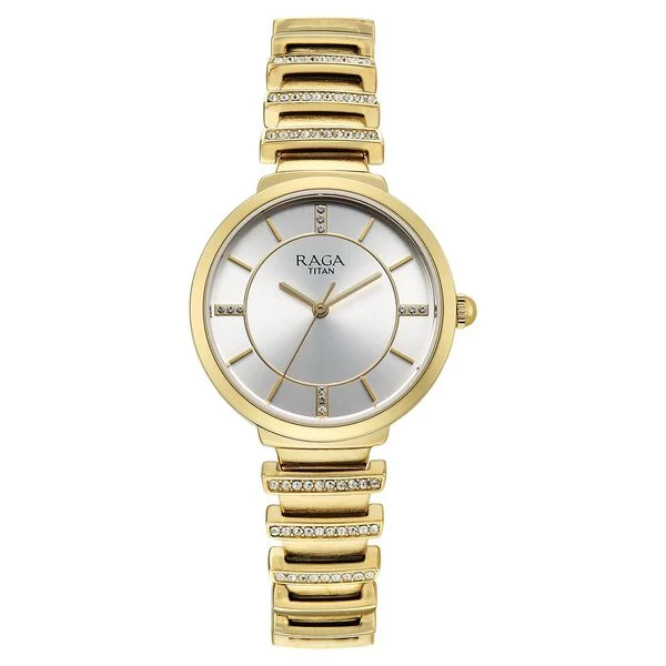 Titan Raga Spotlight Quartz Analog Silver Dial Golden Metal Strap Watch For Women