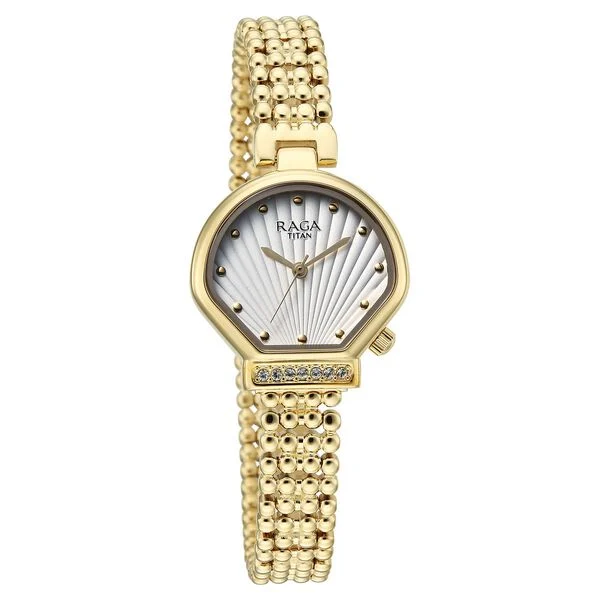 Titan Raga Spotlight Quartz Analog White Dial Golden Metal Strap Watch For Women