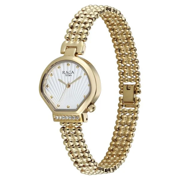 Titan Raga Spotlight Quartz Analog White Dial Golden Metal Strap Watch For Women