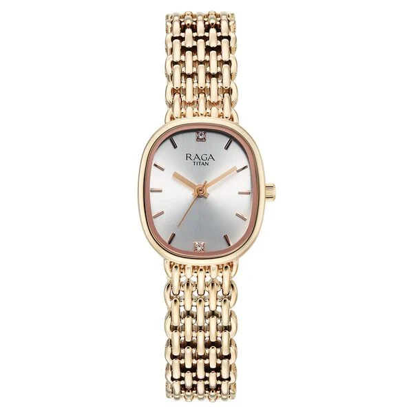 Titan Raga Spotlight Quartz Analog Silver Dial Rose Gold Metal Strap Watch For Women