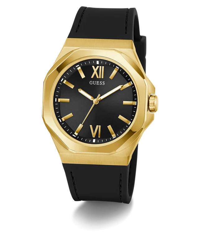 GUESS Mens Black Gold Tone Analog Watch