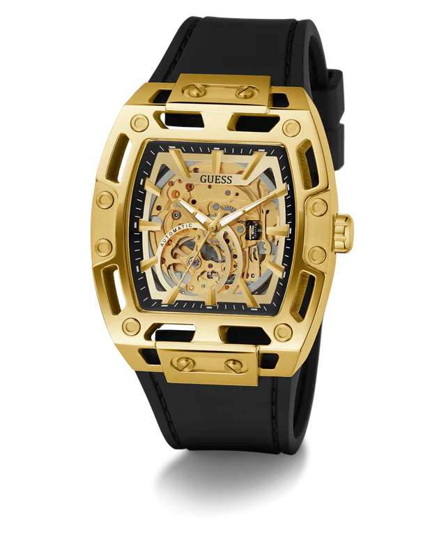 GUESS Mens Black Gold Tone Automatic Watch